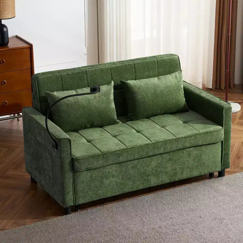 Divano letto a due posti da 56,9 pollici con cuscino schienale reversibile, tasche laterali e supporto per telefono per soggiorno, verde