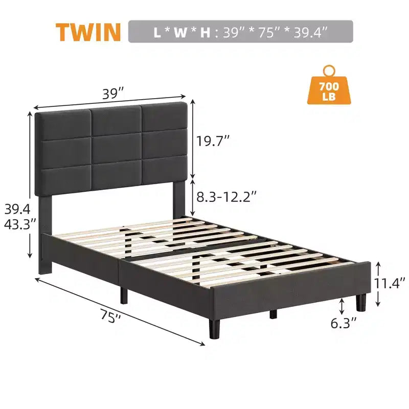 Struttura letto a piattaforma rivestita in lino con testiera regolabile Grigio, nessun box spring necessario