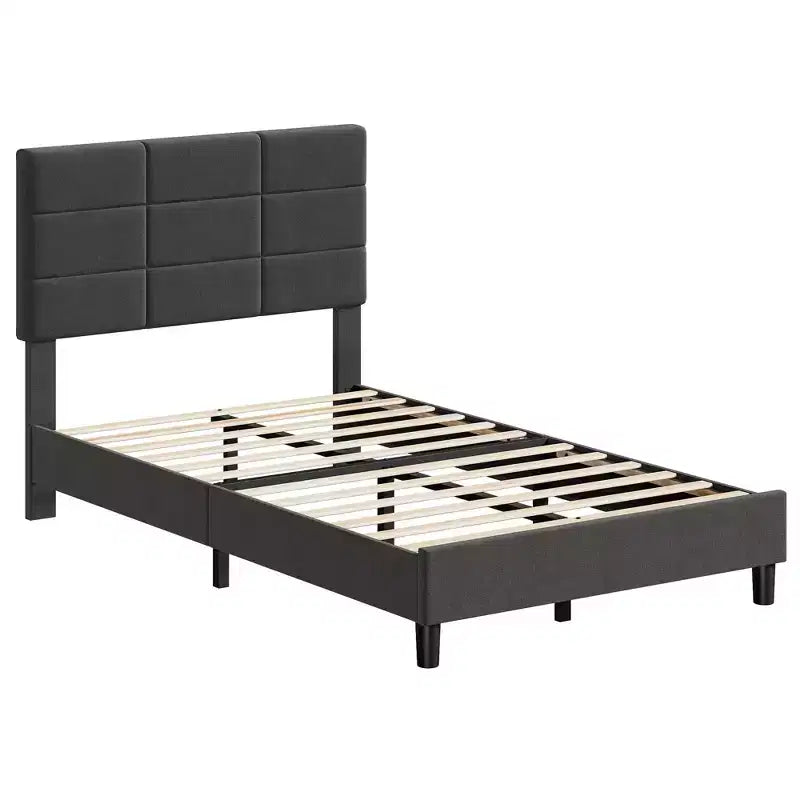 Struttura letto a piattaforma rivestita in lino con testiera regolabile Grigio, nessun box spring necessario