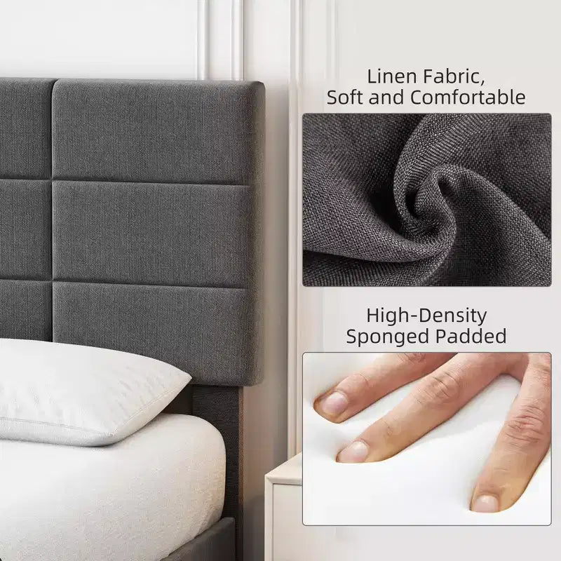 Struttura letto a piattaforma rivestita in lino con testiera regolabile Grigio, nessun box spring necessario