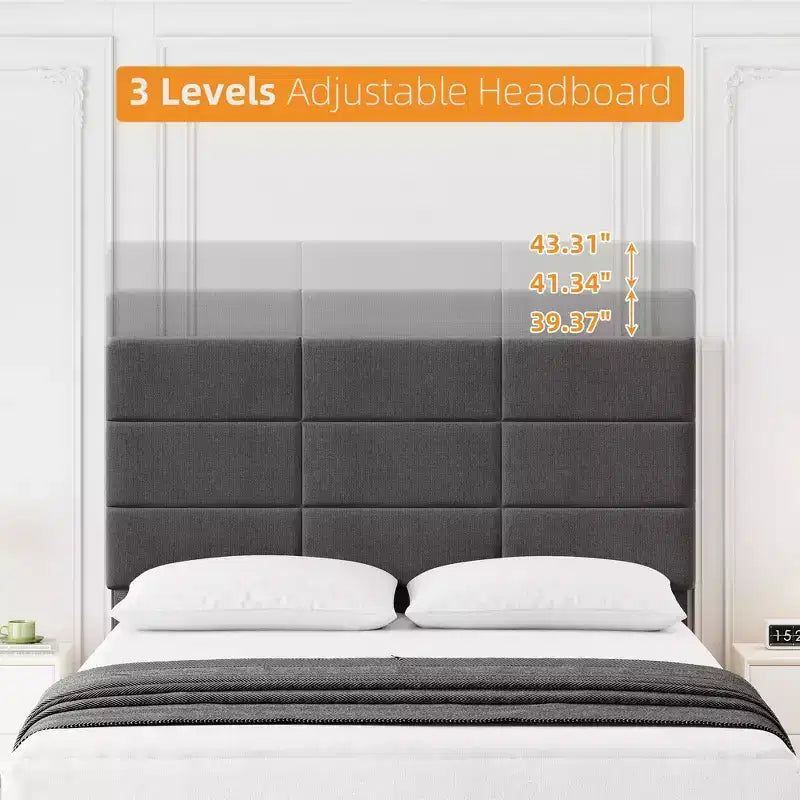 Struttura letto a piattaforma rivestita in lino con testiera regolabile Grigio, nessun box spring necessario