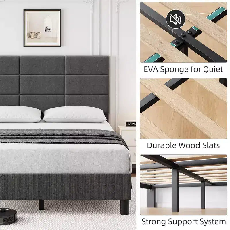 Struttura letto a piattaforma rivestita in lino con testiera regolabile Grigio, nessun box spring necessario