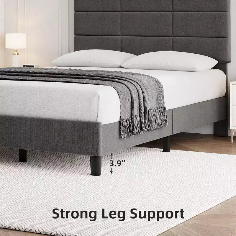 Struttura letto a piattaforma rivestita in lino con testiera regolabile Grigio, nessun box spring necessario