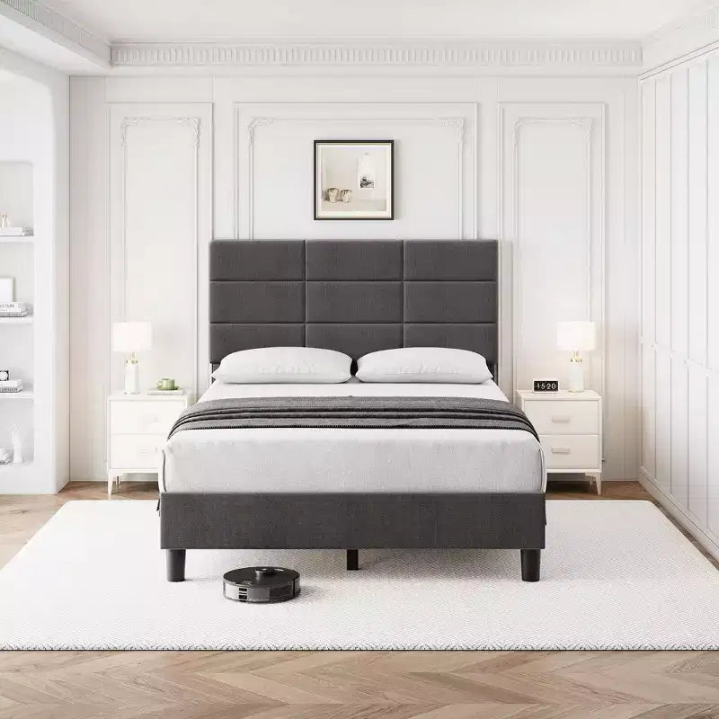 Struttura letto a piattaforma rivestita in lino con testiera regolabile Grigio, nessun box spring necessario