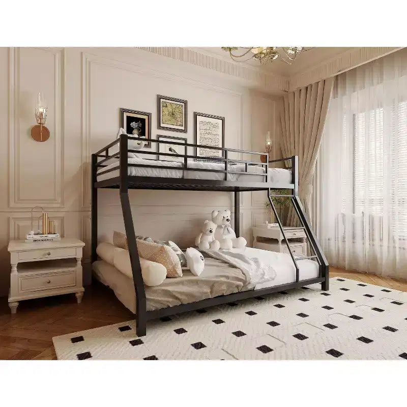 Letto a castello matrimoniale in metallo per bambini e adulti, con sponda di sicurezza e scaletta, nero