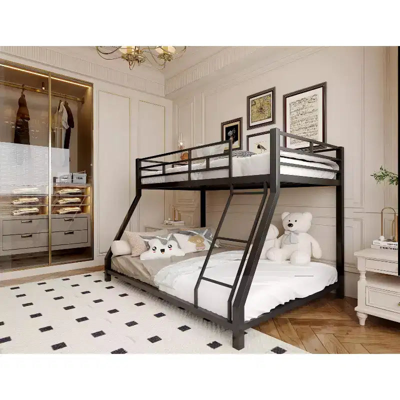 Letto a castello matrimoniale in metallo per bambini e adulti, con sponda di sicurezza e scaletta, nero