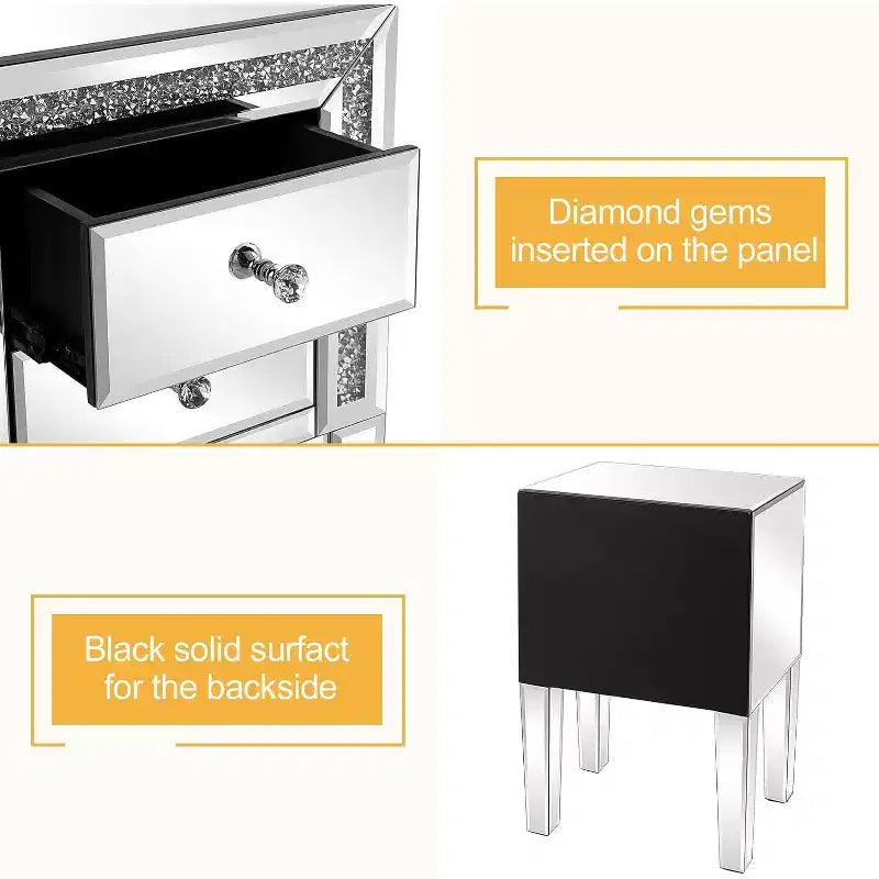 Comodino a Specchio con Cassetto, Tavolino da Salotto in Vetro Specchiato Argento, Glitter con Diamanti Tritati