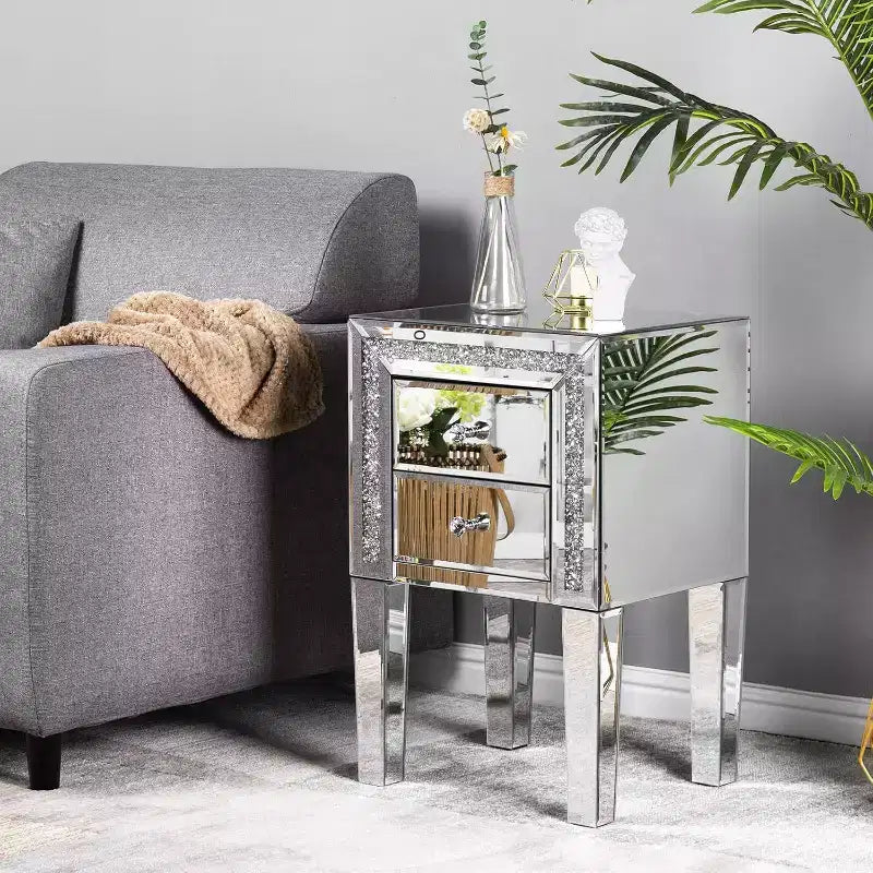 Comodino a Specchio con Cassetto, Tavolino da Salotto in Vetro Specchiato Argento, Glitter con Diamanti Tritati