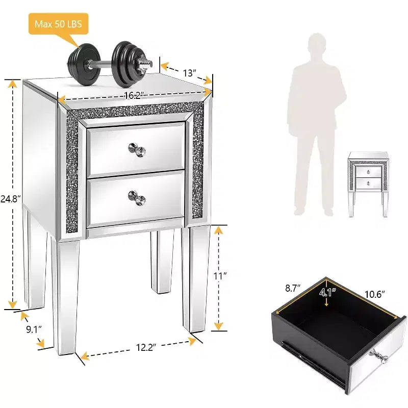 Comodino a Specchio con Cassetto, Tavolino da Salotto in Vetro Specchiato Argento, Glitter con Diamanti Tritati
