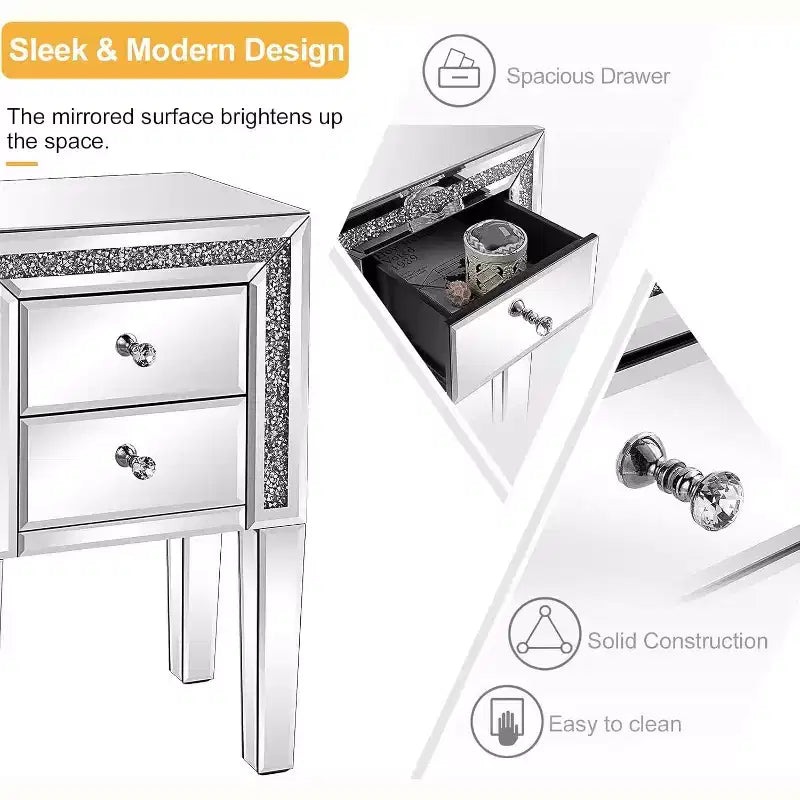 Comodino a Specchio con Cassetto, Tavolino da Salotto in Vetro Specchiato Argento, Glitter con Diamanti Tritati