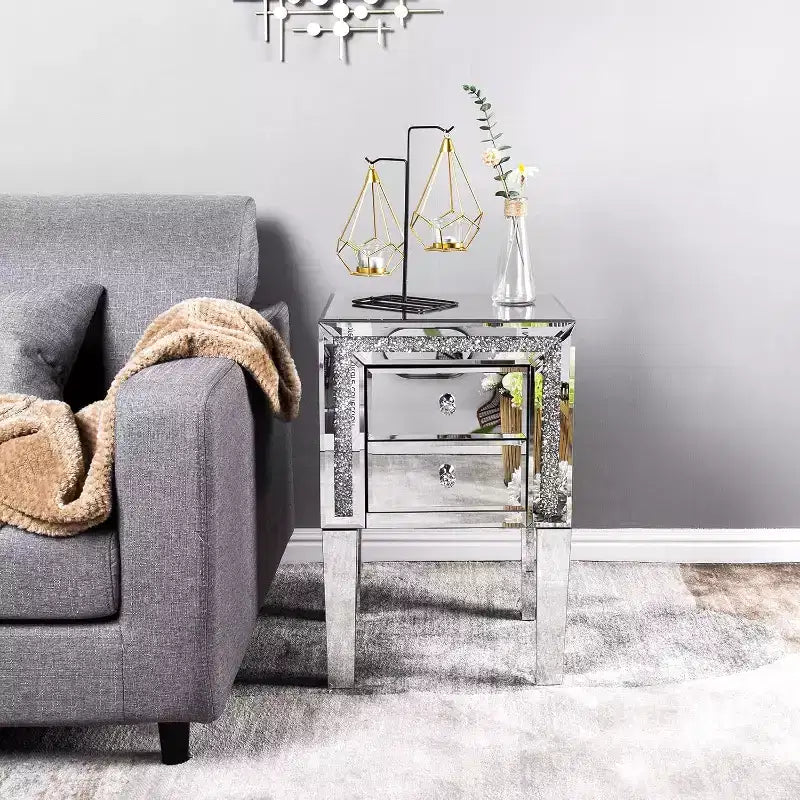 Comodino a Specchio con Cassetto, Tavolino da Salotto in Vetro Specchiato Argento, Glitter con Diamanti Tritati