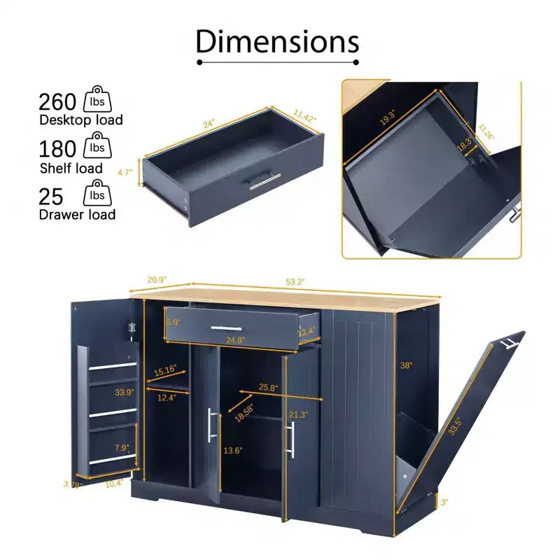 Isola Cucina Moderna con Ante e Cassetto Centrale e Vano per Pattumiera, Credenza Contenitore per Cucina, Sala da Pranzo