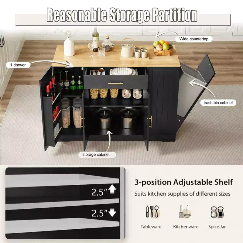 Isola Cucina Moderna con Ante e Cassetto Centrale e Vano per Pattumiera, Credenza Contenitore per Cucina, Sala da Pranzo