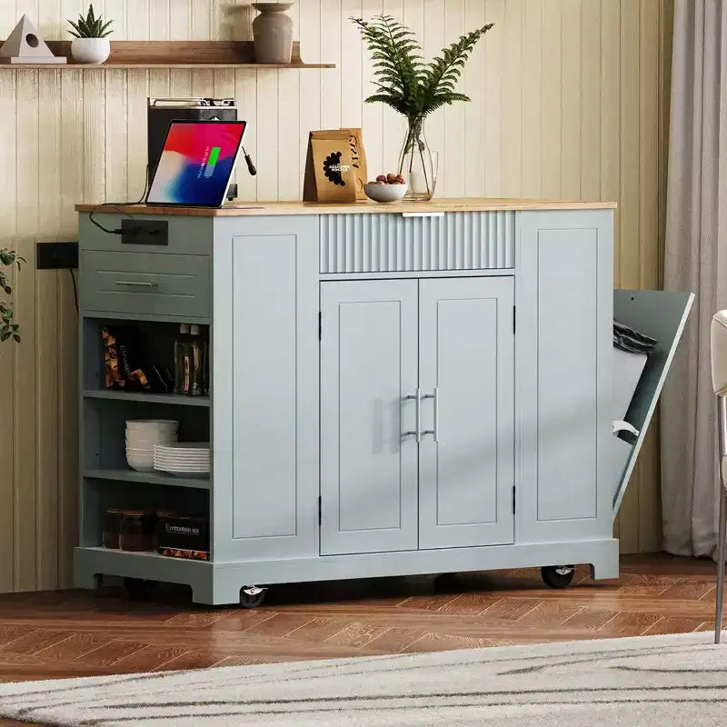Isola da cucina moderna con presa di corrente e pattumiera a ribalta, Carrello da cucina su ruote con ripiani, Armadio contenitore Tavolo da pranzo