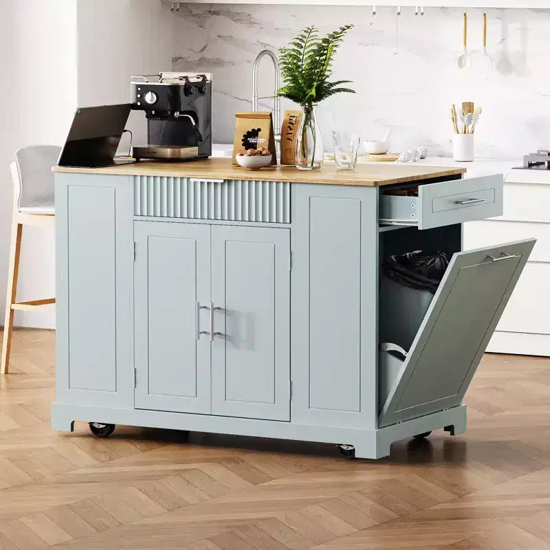 Isola da cucina moderna con presa di corrente e pattumiera a ribalta, Carrello da cucina su ruote con ripiani, Armadio contenitore Tavolo da pranzo