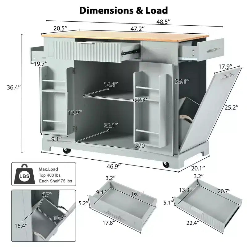 Isola da cucina moderna con presa di corrente e pattumiera a ribalta, Carrello da cucina su ruote con ripiani, Armadio contenitore Tavolo da pranzo