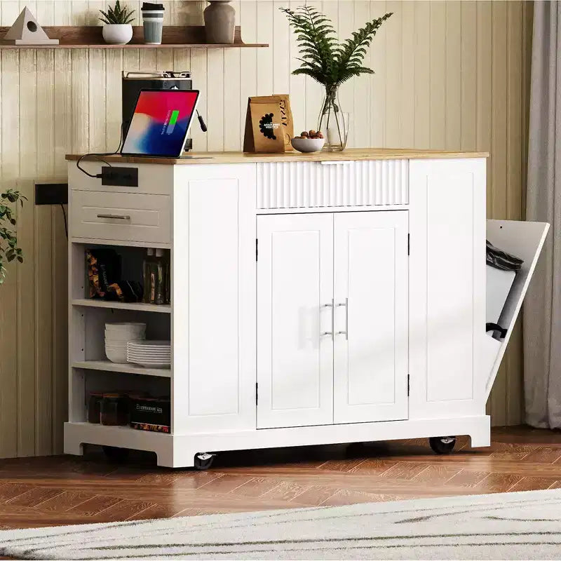 Isola da cucina moderna con presa di corrente e pattumiera a ribalta, Carrello da cucina su ruote con ripiani, Armadio contenitore Tavolo da pranzo