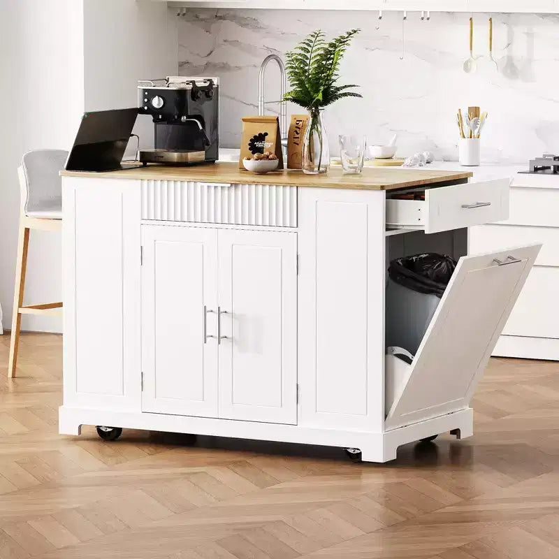 Isola da cucina moderna con presa di corrente e pattumiera a ribalta, Carrello da cucina su ruote con ripiani, Armadio contenitore Tavolo da pranzo
