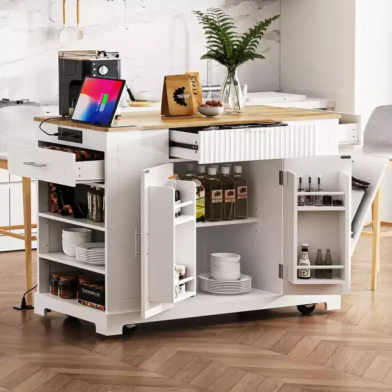 Isola da cucina moderna con presa di corrente e pattumiera a ribalta, Carrello da cucina su ruote con ripiani, Armadio contenitore Tavolo da pranzo