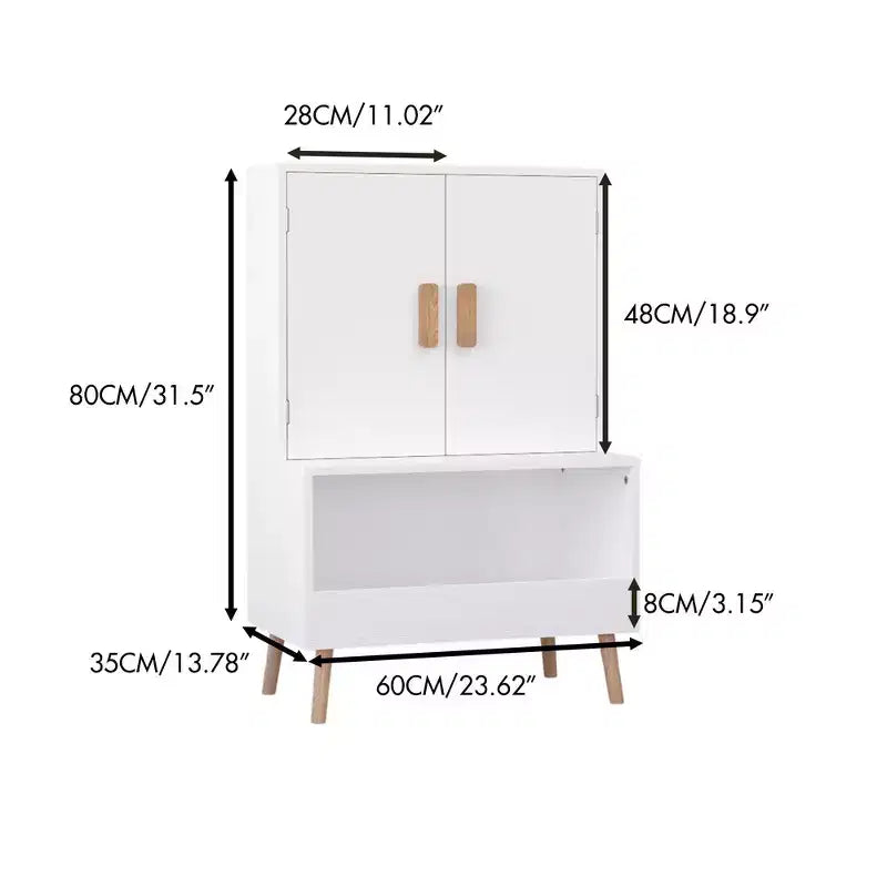 Mobile Contenitore per Giocattoli per Bambini con Ante e Ripiano Aperto, Organizzatore Moderno con Gambe in Legno Naturale - Bianco