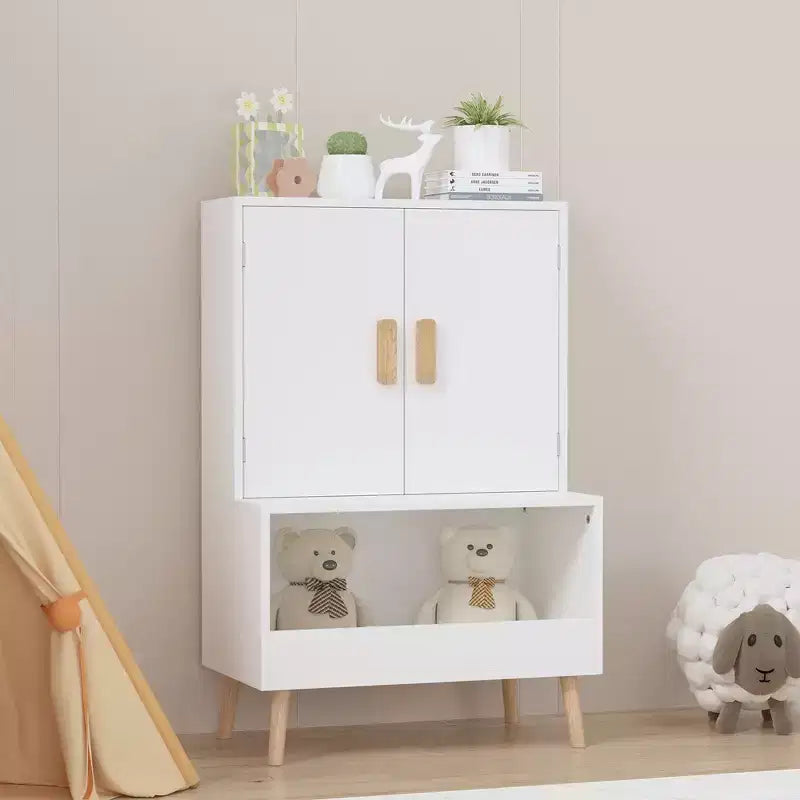 Mobile Contenitore per Giocattoli per Bambini con Ante e Ripiano Aperto, Organizzatore Moderno con Gambe in Legno Naturale - Bianco