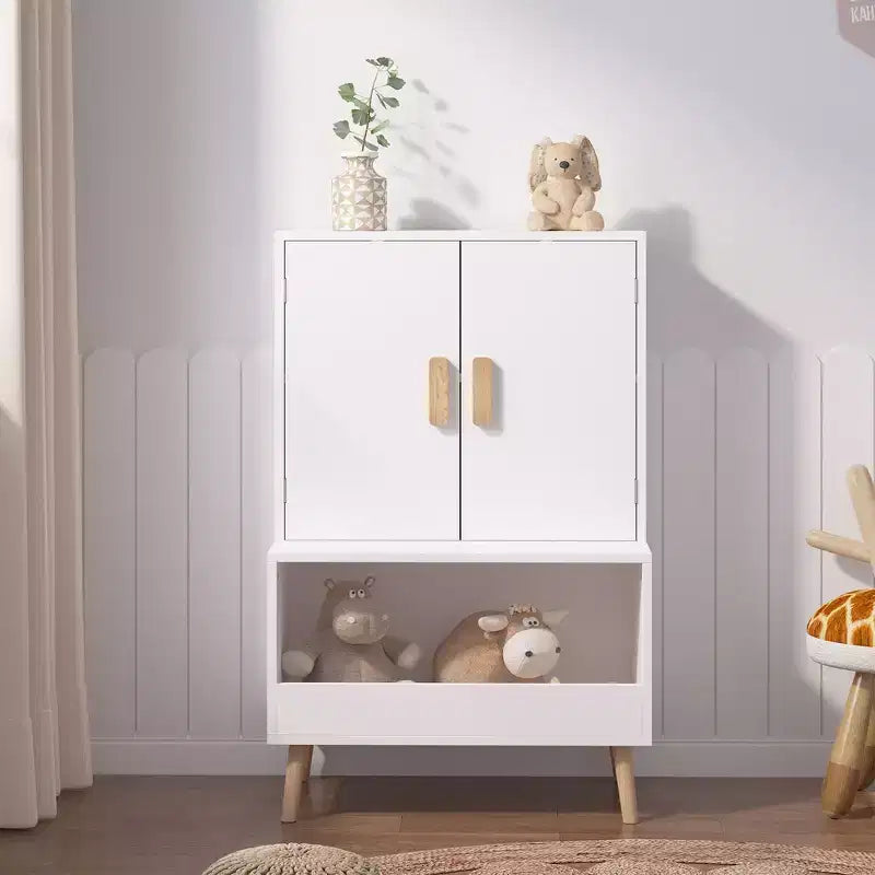 Mobile Contenitore per Giocattoli per Bambini con Ante e Ripiano Aperto, Organizzatore Moderno con Gambe in Legno Naturale - Bianco