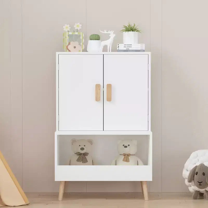Mobile Contenitore per Giocattoli per Bambini con Ante e Ripiano Aperto, Organizzatore Moderno con Gambe in Legno Naturale - Bianco