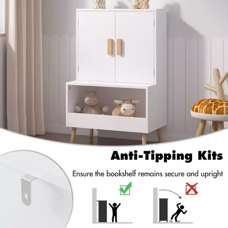 Mobile Contenitore per Giocattoli per Bambini con Ante e Ripiano Aperto, Organizzatore Moderno con Gambe in Legno Naturale - Bianco