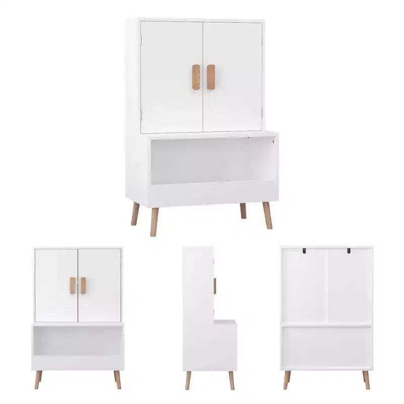 Mobile Contenitore per Giocattoli per Bambini con Ante e Ripiano Aperto, Organizzatore Moderno con Gambe in Legno Naturale - Bianco