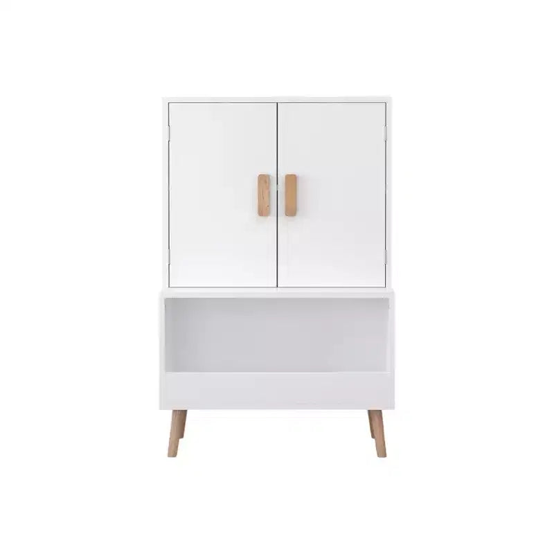 Mobile Contenitore per Giocattoli per Bambini con Ante e Ripiano Aperto, Organizzatore Moderno con Gambe in Legno Naturale - Bianco
