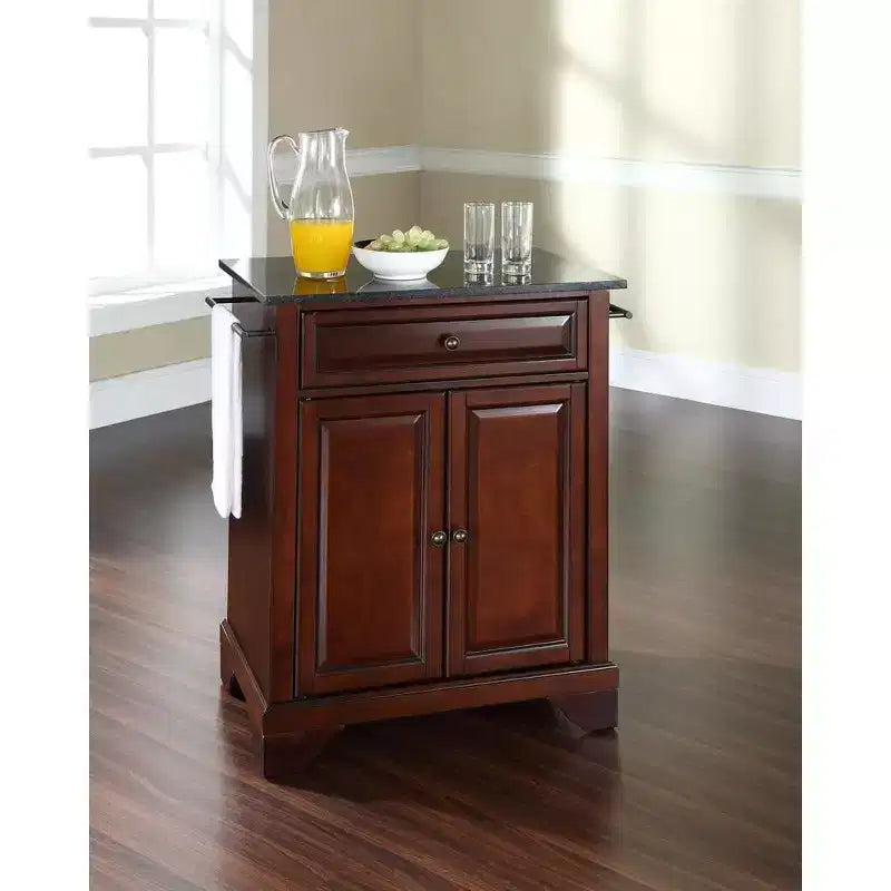 Isola Cucina Carrello Contenitore Portatile Pieghevole Lafayette con Piano in Granito, Supporto Forno a Microonde, Nero