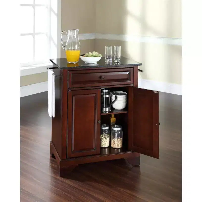 Isola Cucina Carrello Contenitore Portatile Pieghevole Lafayette con Piano in Granito, Supporto Forno a Microonde, Nero