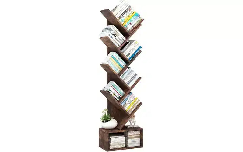 Scaffale alto in legno a più livelli con contenitore, Scaffale angolare, Scaffale a forma di albero, per soggiorno, camera da letto, ufficio domestico