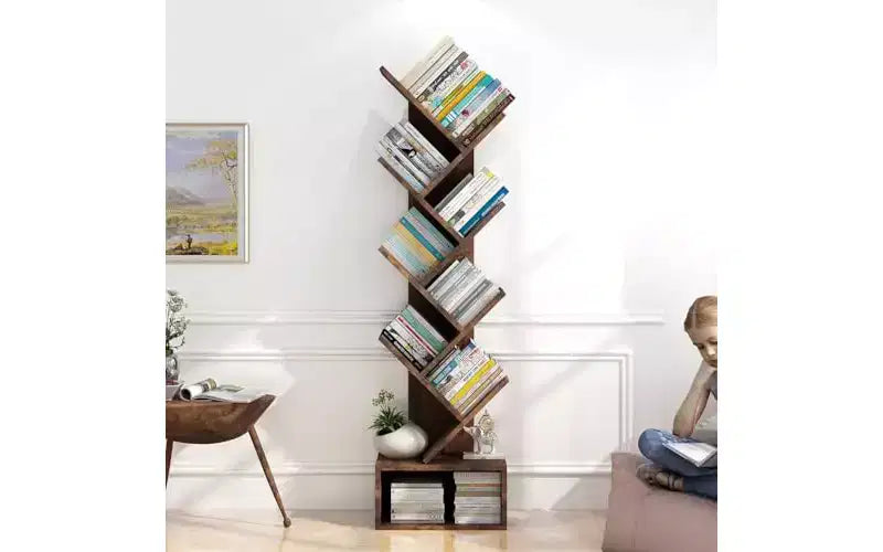 Scaffale alto in legno a più livelli con contenitore, Scaffale angolare, Scaffale a forma di albero, per soggiorno, camera da letto, ufficio domestico