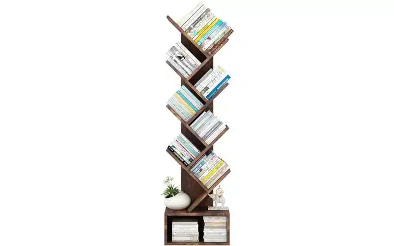 Scaffale alto in legno a più livelli con contenitore, Scaffale angolare, Scaffale a forma di albero, per soggiorno, camera da letto, ufficio domestico