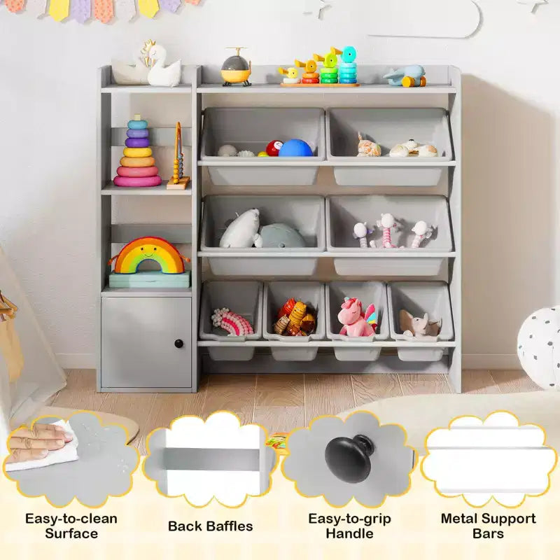 Scaffale portagiochi e libreria per bambini, libreria in legno con 4 scatole piccole e 4 scatole grandi Grigio/Bianco