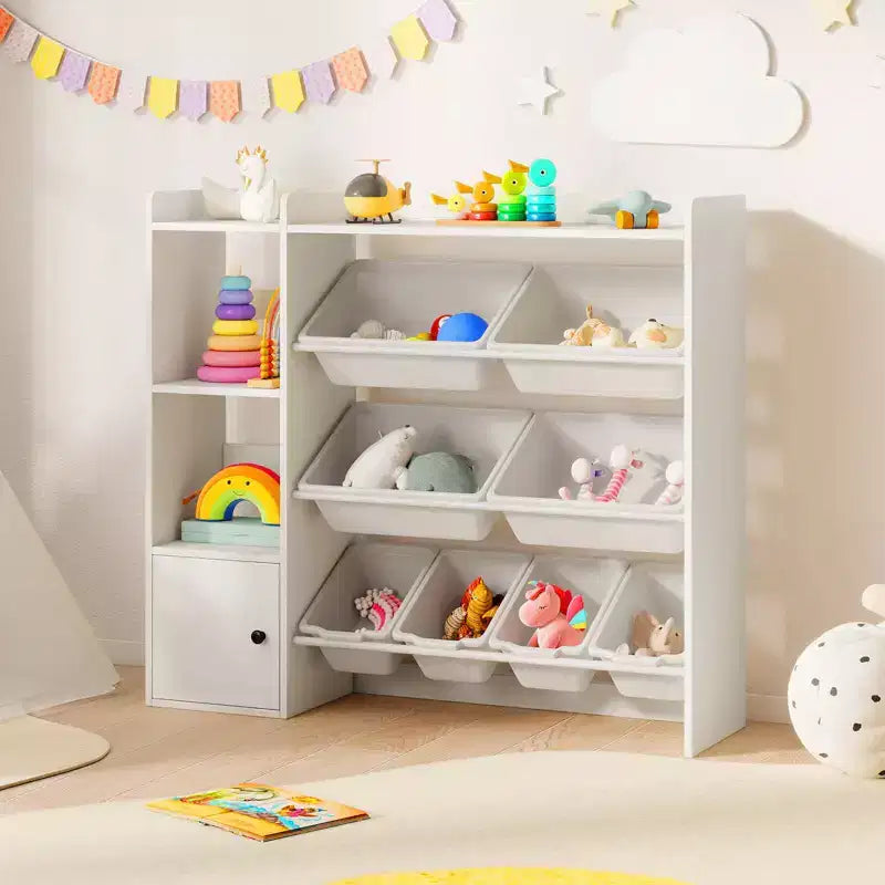 Scaffale portagiochi e libreria per bambini, libreria in legno con 4 scatole piccole e 4 scatole grandi Grigio/Bianco
