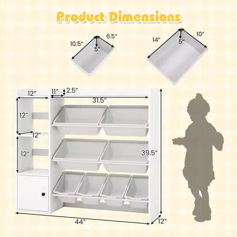 Scaffale portagiochi e libreria per bambini, libreria in legno con 4 scatole piccole e 4 scatole grandi Grigio/Bianco