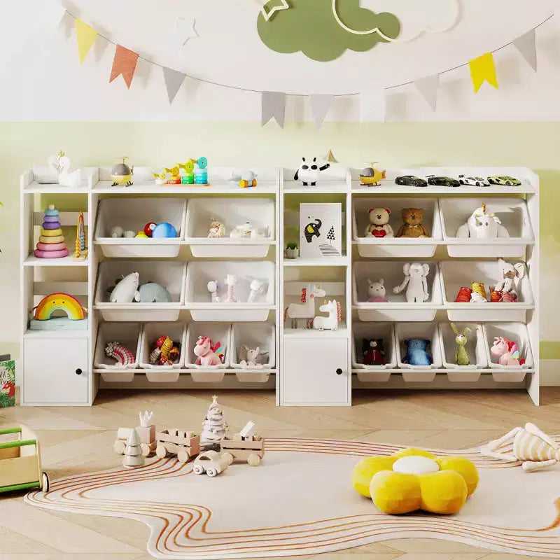 Scaffale portagiochi e libreria per bambini, libreria in legno con 4 scatole piccole e 4 scatole grandi Grigio/Bianco