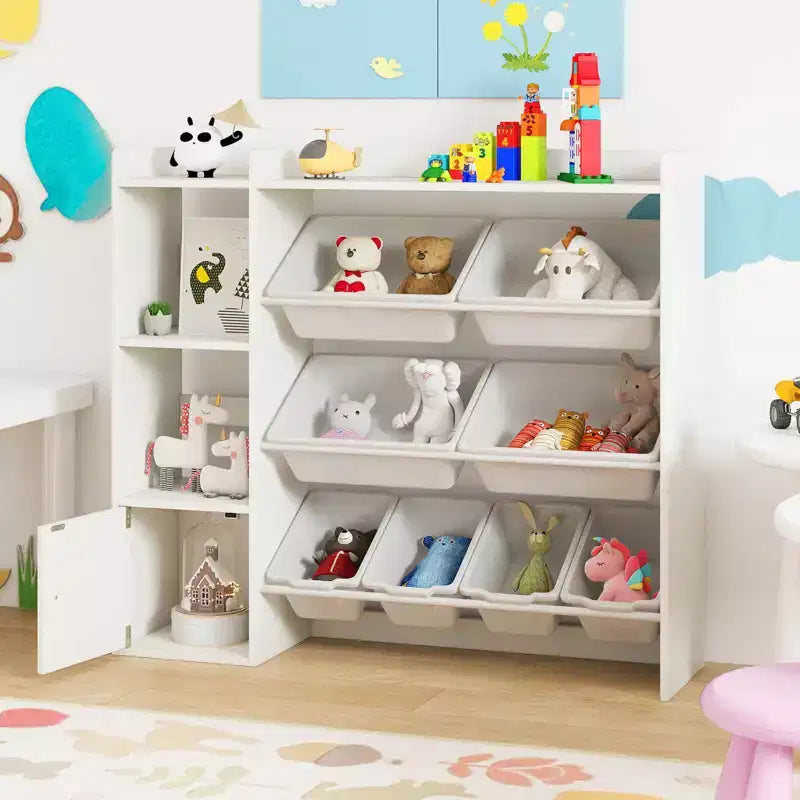 Scaffale portagiochi e libreria per bambini, libreria in legno con 4 scatole piccole e 4 scatole grandi Grigio/Bianco