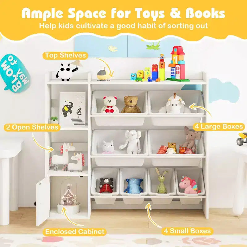 Scaffale portagiochi e libreria per bambini, libreria in legno con 4 scatole piccole e 4 scatole grandi Grigio/Bianco