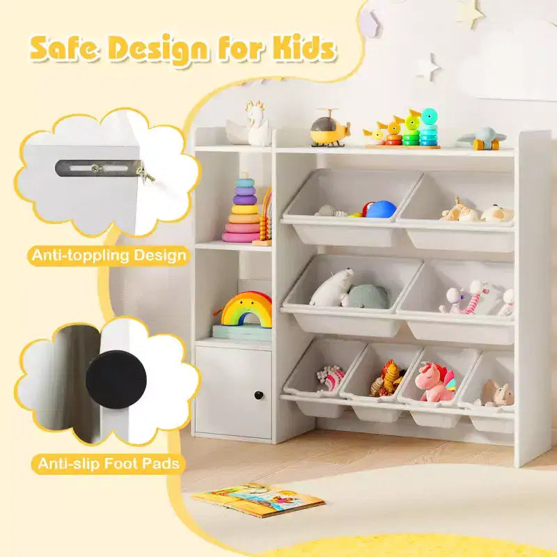 Scaffale portagiochi e libreria per bambini, libreria in legno con 4 scatole piccole e 4 scatole grandi Grigio/Bianco