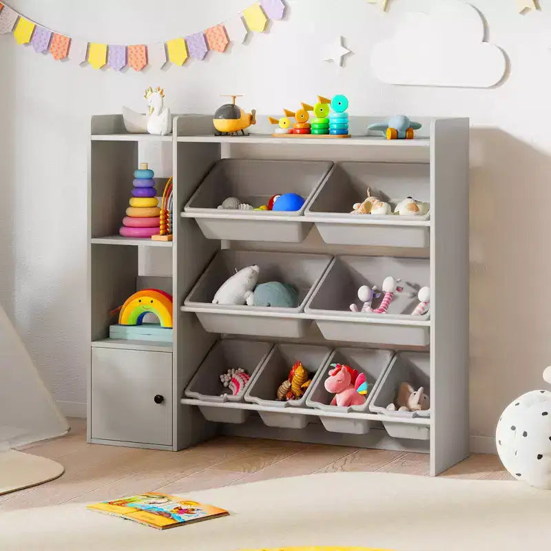 Scaffale portagiochi e libreria per bambini, libreria in legno con 4 scatole piccole e 4 scatole grandi Grigio/Bianco
