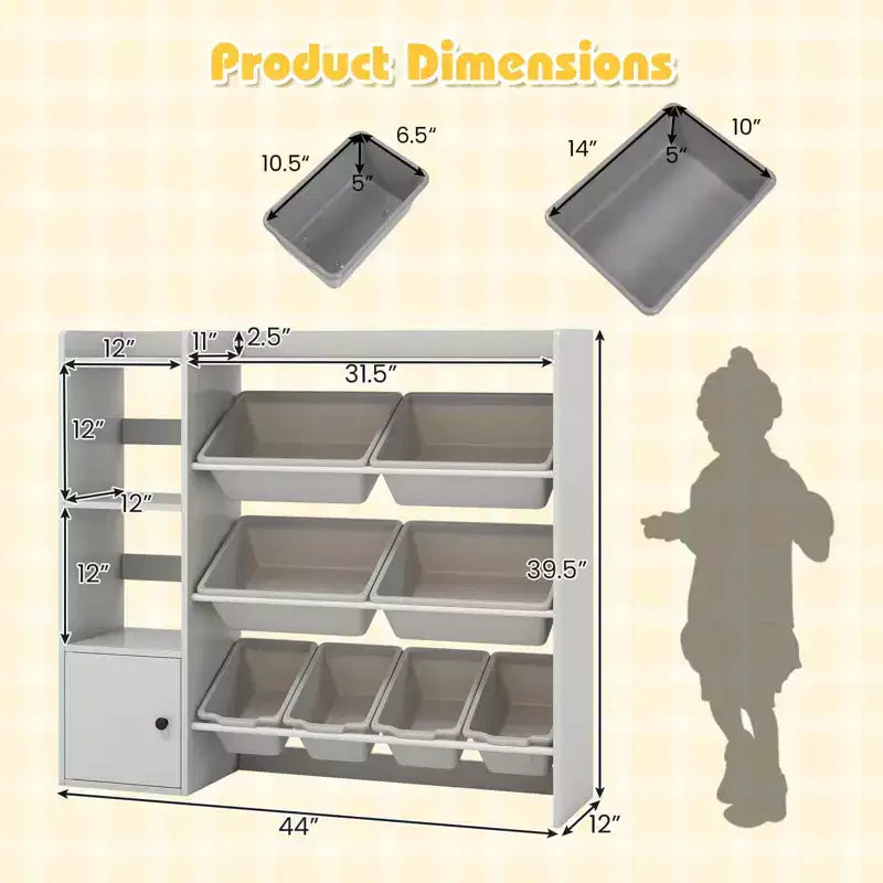 Scaffale portagiochi e libreria per bambini, libreria in legno con 4 scatole piccole e 4 scatole grandi Grigio/Bianco