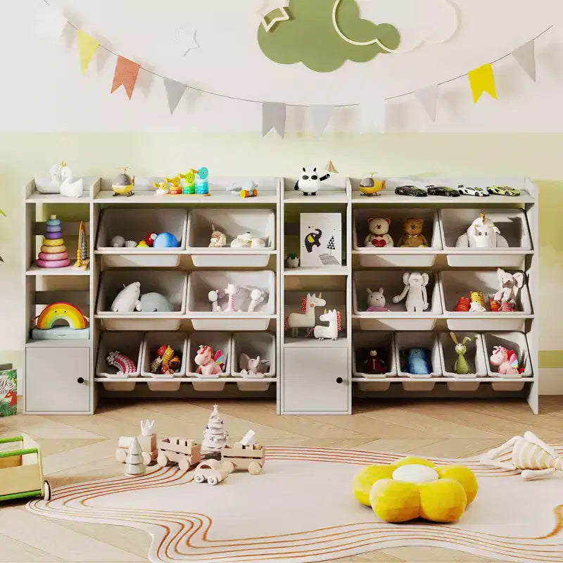 Scaffale portagiochi e libreria per bambini, libreria in legno con 4 scatole piccole e 4 scatole grandi Grigio/Bianco