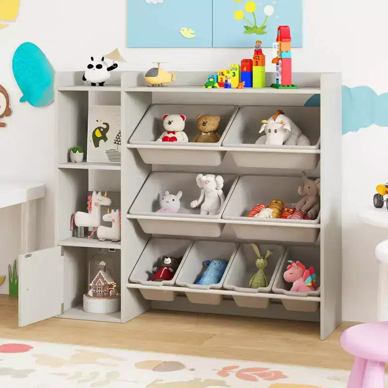Scaffale portagiochi e libreria per bambini, libreria in legno con 4 scatole piccole e 4 scatole grandi Grigio/Bianco