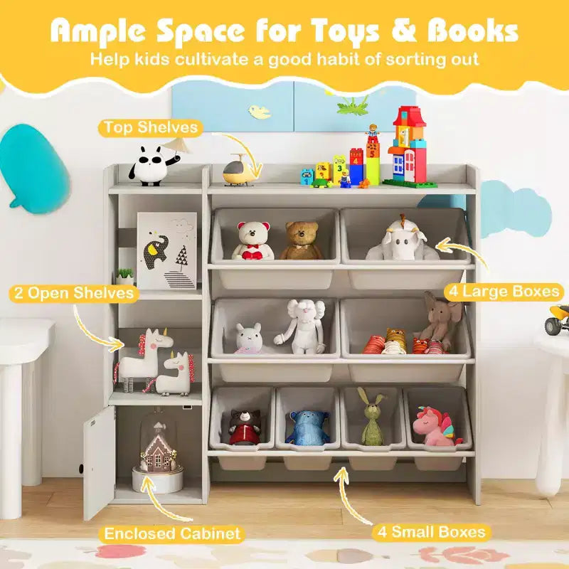 Scaffale portagiochi e libreria per bambini, libreria in legno con 4 scatole piccole e 4 scatole grandi Grigio/Bianco