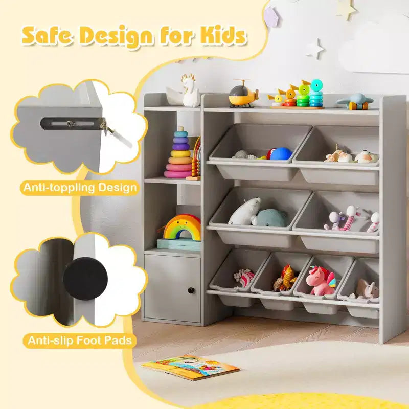 Scaffale portagiochi e libreria per bambini, libreria in legno con 4 scatole piccole e 4 scatole grandi Grigio/Bianco