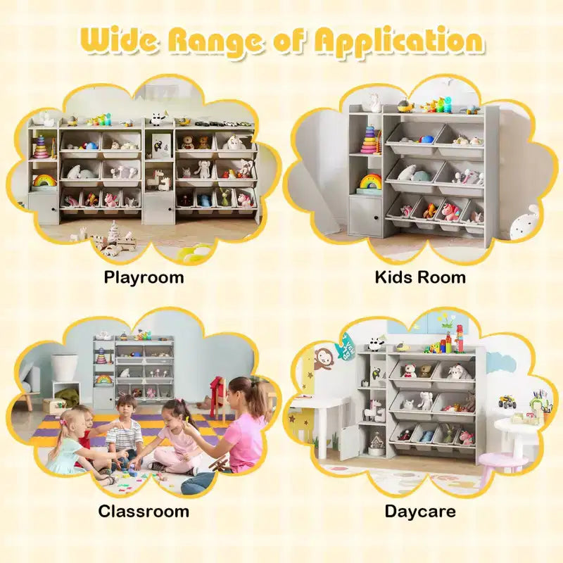 Scaffale portagiochi e libreria per bambini, libreria in legno con 4 scatole piccole e 4 scatole grandi Grigio/Bianco
