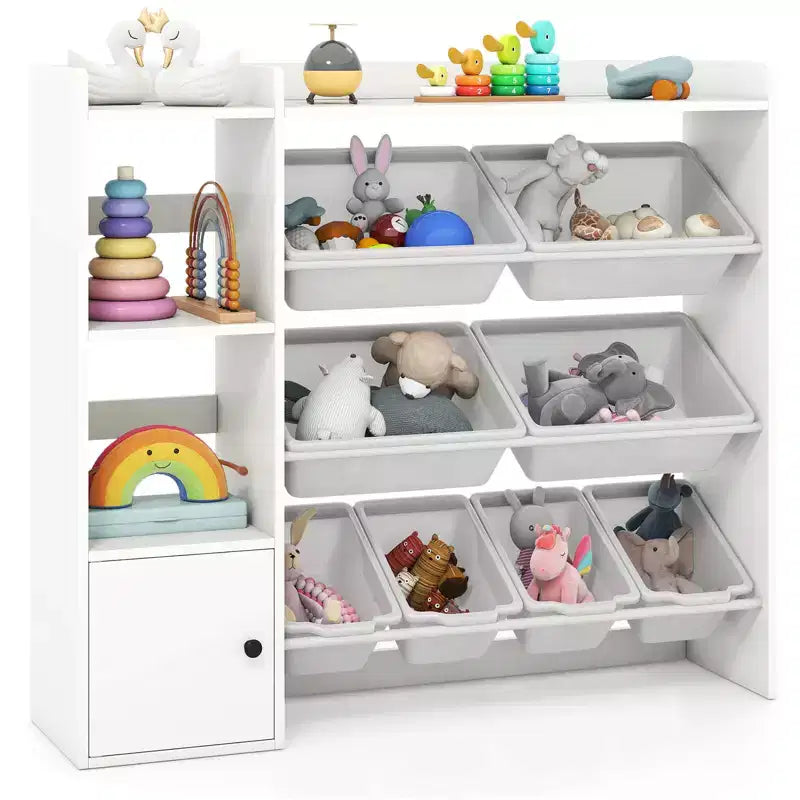 Scaffale portagiochi e libreria per bambini, libreria in legno con 4 scatole piccole e 4 scatole grandi Grigio/Bianco